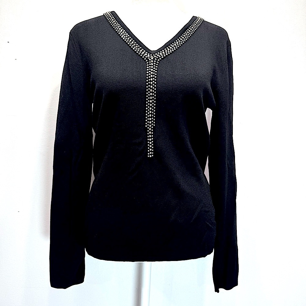 Belldini Black Long Sleeve V Neck Sweater with Rhinestones Slim Fit Dressy